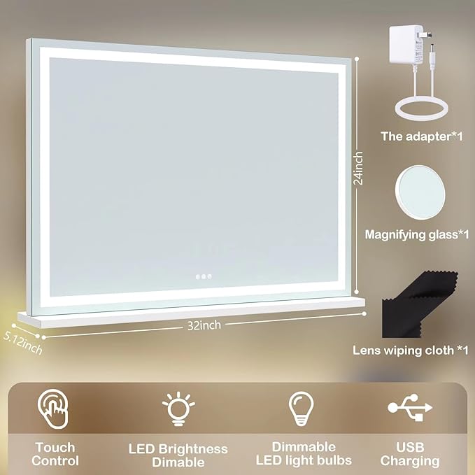 Makeup Vanity Mirror with Lights 32" x 24" Large LED Makeup Mirror, Light up Mirror with 10X Magnification and USB Charging Port, Dimmable 3 Modes, Touch Screen Control Square Corner