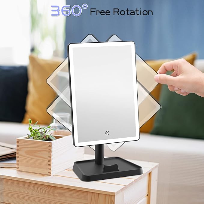 FUNTOUCH Rechargeable Makeup Vanity Mirror with Lights, Large Lighted Desk Makeup Mirror with 96 LED Lights and 10x Magnifying, 3 Color Lighting, Make up Light Mirror with Phone Holder