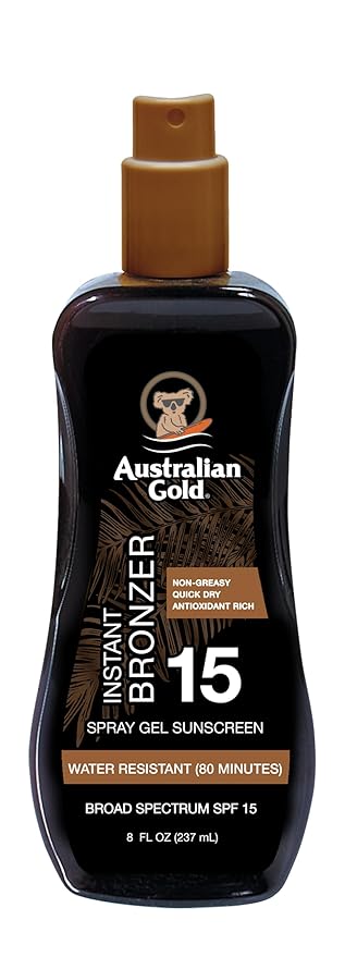 Australian Gold Spray Gel Sunscreen with Instant Bronzer SPF 15, 8 Ounce | Moisturize & Hydrate Skin | Broad Spectrum | Water Resistant | Non-Greasy SPF 15 8 Fl Oz (Pack of 1)