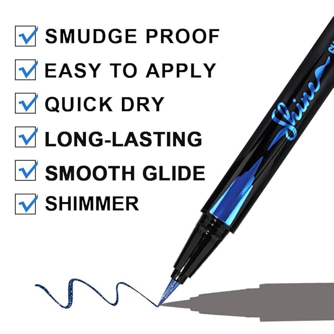 evpct 2Pcs Green & Royal Blue Glitter Shimmer Liquid Eyeliner Eye Shadow Makeup Pencil Set, Green Blue Face Body Glitter Makeup Fake Eyelashes Mascara, Sparkle Metallic Colored Eyeliner Waterproof