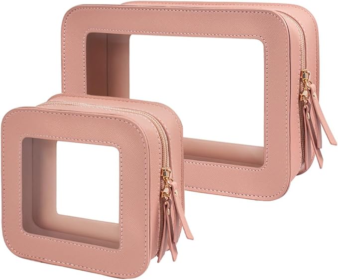 2 Pcs Travel Clear Makeup Bag Set, Clear White Makeup Organizer with Zipper Leather Travel Bags for Toiletries Small Cosmetic Bags for Women Mini Make up Pouch Toiletry Bags Car Essentials