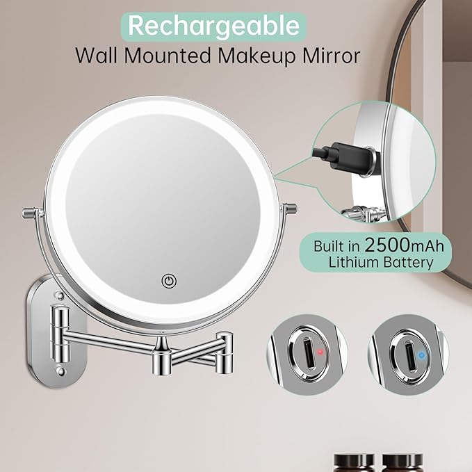FUNTOUCH 2500mAh Rechargeable Wall Mounted Lighted Makeup Vanity Mirror 8 Inch Double Sided 1X 20X Magnifying Bathroom Mirror, 3 Color Lighting, Touch Dimming, Extended Arm 360° Light up Mirror