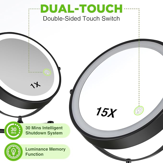 Wall Mounted Makeup Mirror: 1x/15x Magnifying Mirror with 8.5" Double Sided, Vanity Makeup Mirror for Bathroom, Brush Black