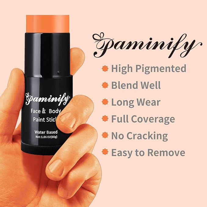 Orange Face Paint Stick,Water-Based Orange Body Paint Stick,Washable Full-Coverage Halloween Face Painting for Lion Tiger Fox Pumpkin Costume,Professional SFX Makeup for Cosplay ,1.06 OZ
