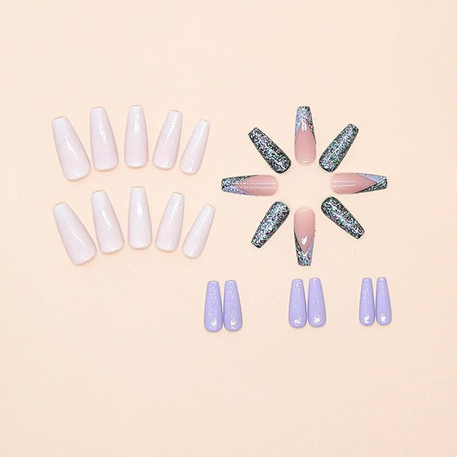 RUOKEXIN Long Coffin Press on Nails Glitter Full Cover Glue on Nails Sparkly Fake Nails Long Coffin Nail Press ons Acrylic Artificial Nails Cute Stick on Nails for Women 24Pcs