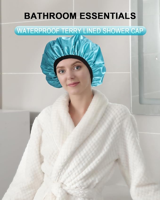 YIZIJIZI Triple Layer Reusable Waterproof Shower Cap for Women Large Terry Lined Hair Cap for Long Thick Hair Travel Bath Care Light Blue