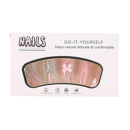 RUOKEXIN Long Square Press on Nails - French Tip False Nails Pink, Bow Rhinestone Designs, 24Pcs