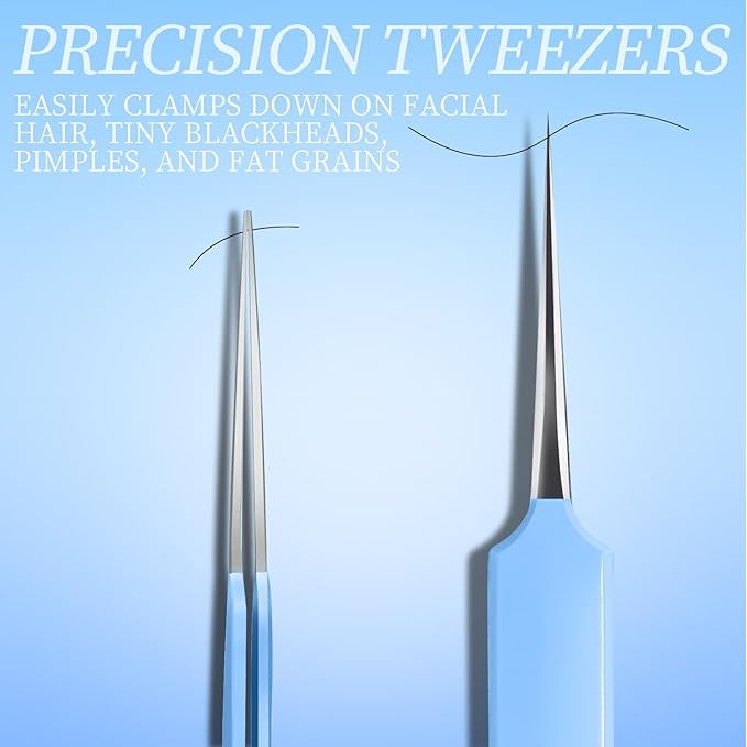 Teenitor 7 Pcs Professional Blackhead Remover Tweezers and Pimple Popper Tool Kit, Tweezers for Women Facial Hair, Blackhead Extractor, Pimple Extractor, Light Blue