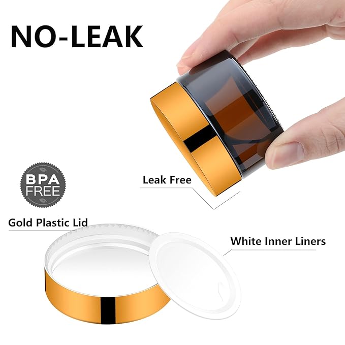 1 Oz Amber Round Glass Jars with Inner Liners and Gold Lids(12PCS) Empty Cream Containers Refillable Cosmetic Vials for Cosmetics, Lotions, Ointment, Body Scrubs & Balms