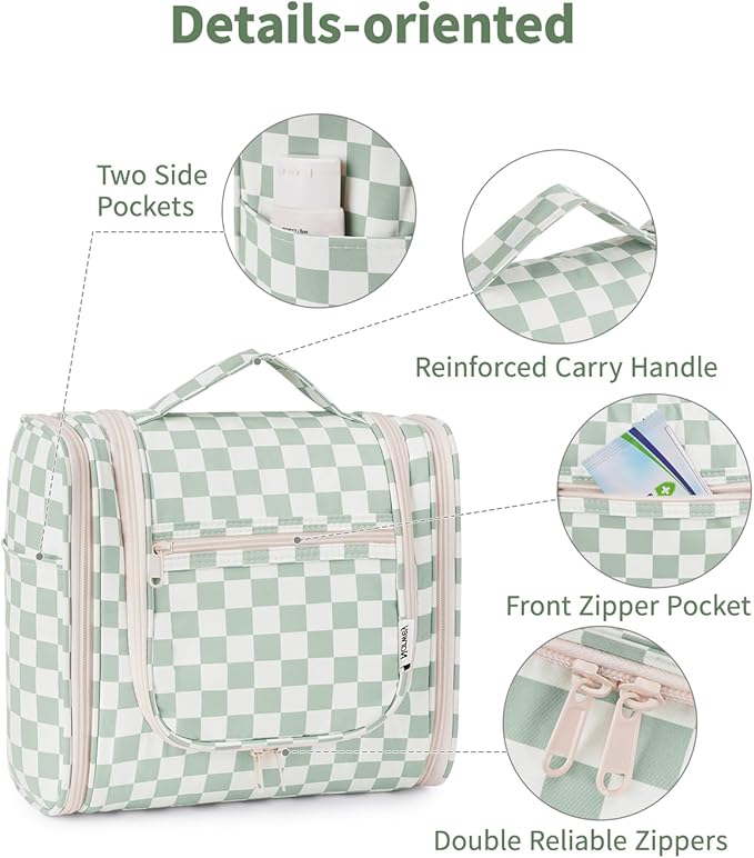 Narwey Checked Hanging Travel Toiletry Bag for Women, Travel Bag for Toiletries, Makeup Bag Organizer Cosmetic Bags Make Up Bags for Women (Mint Green Checkerboard)