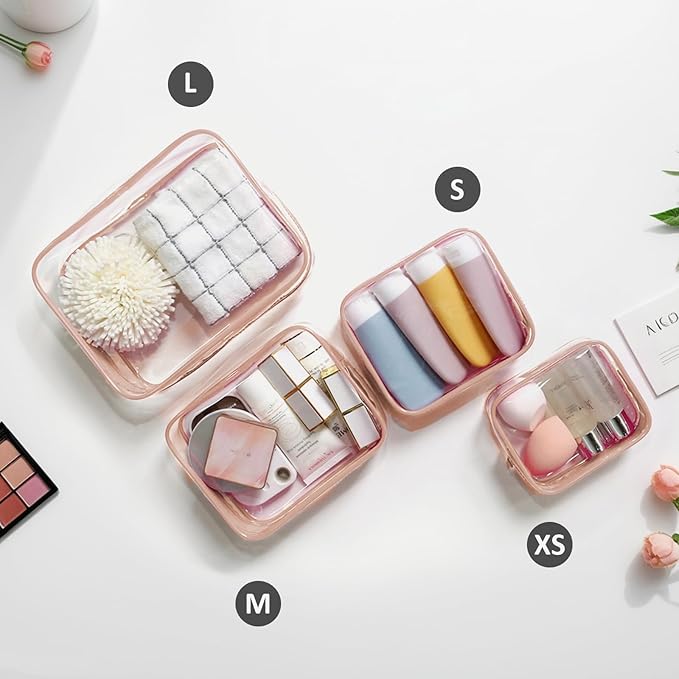 4 Pack Clear Makeup Bags, TSA Approved Toiletry Bag Car Organizer Travel Cosmetic Case Portable Travel Essentials Bags for Toiletries Clear Summer Beach Bag Carry on Airport Airline Compliant Bag