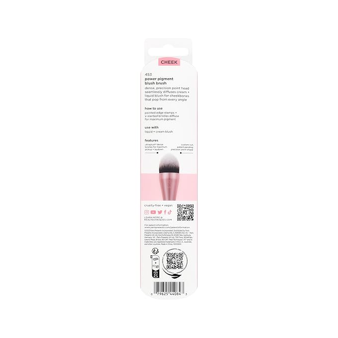 Real Techniques Power Pigment Blush Makeup Brush, Cheek Brush For Liquid & Cream Blush, Dense, Synthetic Bristles, Unique Pointed Shape For Precise Application, Vegan & Cruelty Free, 1 Count