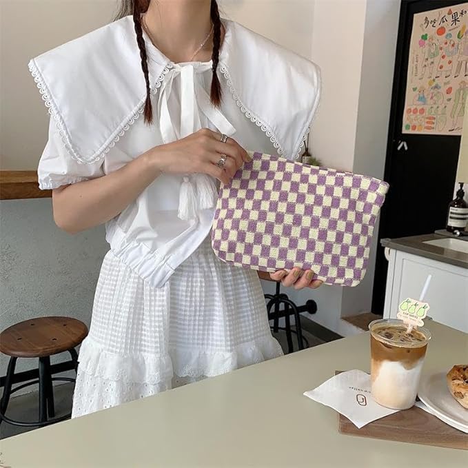 PAZIMIIK Knitted Checkered Makeup Bag Large Zipper Make Up Accessory Pouch for Purse Cosmetic Brush Bag for Travel Essential,Purple