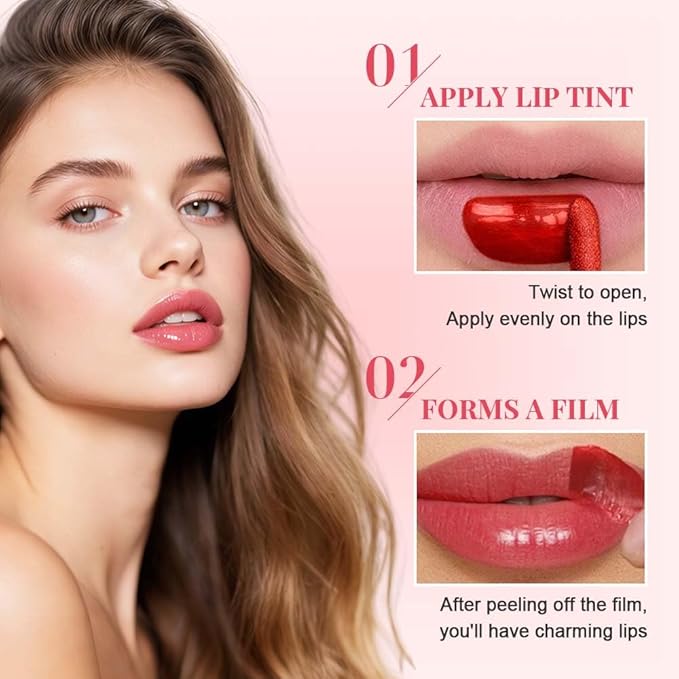 2 Pcs 4 Color Lip Gloss Peel Off, 2025 New Easy to Color Peel Off Lips Stain, Long Lasting Lip Tint, Nonstick Lip Gloss for Women (01Rose Red+02Grapefruit)