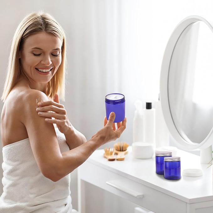 30 Packs 8 oz (250 ml) Blue Plastic Jars with Sliver Lids, Cosmetic Containers jars with Wide-Mouth for slime, beads, rhinestones, sequins Cosmetics, Lotion, Cream, Ointments and More
