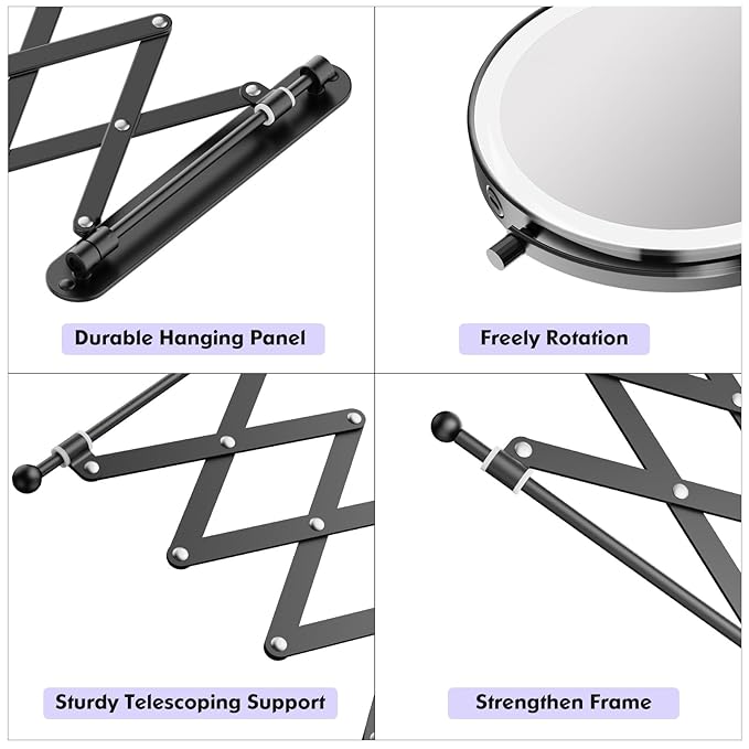 Rechargeable Wall Mounted Makeup Mirror - 8 Inch Double Sided 1X/10X Magnifying Mirror with 3 Color Lights Dimmable Touch Screen, 360°Swivel 19.6 Inch Extendable Accordion Bathroom Mirror - Black