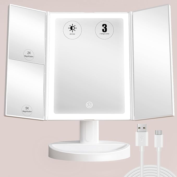 S'bagno LED Makeup Mirror with 1X/2X/5X Magnification, Dimmable Light, Rotation for Beauty, Makeup, Skincare & Grooming