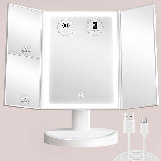 S'bagno LED Makeup Mirror with 1X/2X/5X Magnification, Dimmable Light, Rotation for Beauty, Makeup, Skincare & Grooming