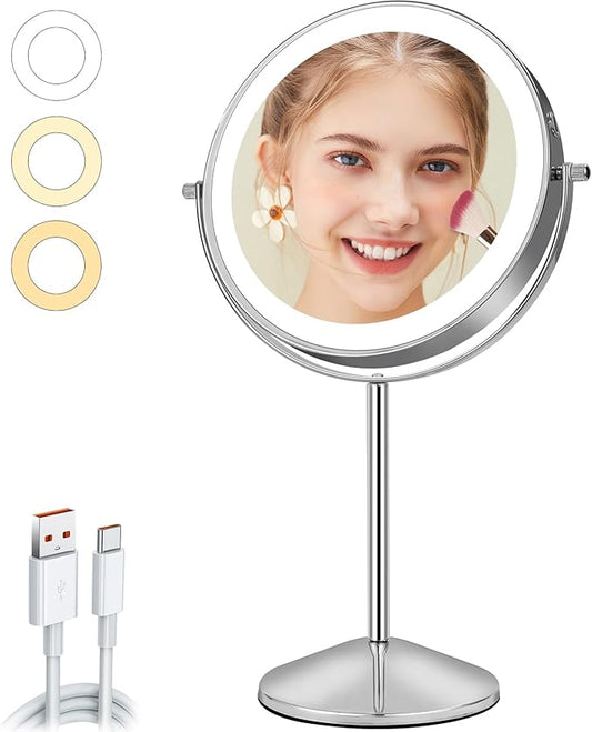 8" Makeup Mirror with Lights, Vanity Mirror with 1X/10X Magnification, Touch Screen 3 Colors Dimmable 54 LED Lights Brightness Adjustable 360° Rotation for Tabletop