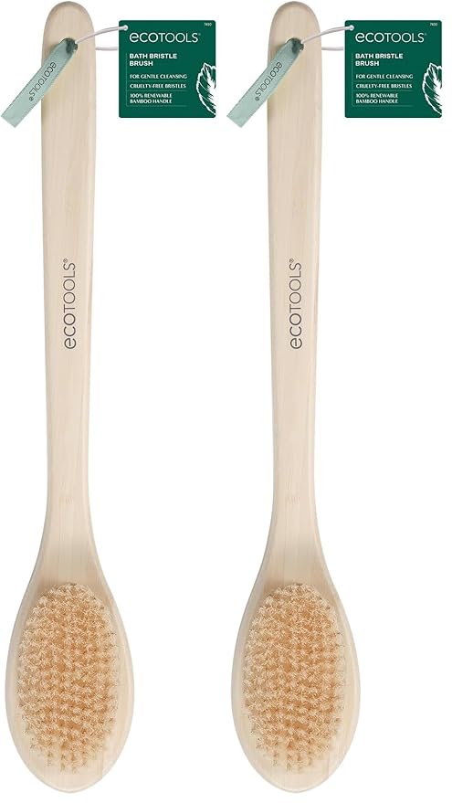 EcoTools Bristle Bath Brush, Shower Body Brush with Gentle, Stiff Bristles, Long Bamboo Handle, Gently Exfoliating for Back & Body, Stimulates Blood Circulation, Eco-Friendly, 1 Count (Pack of 2)