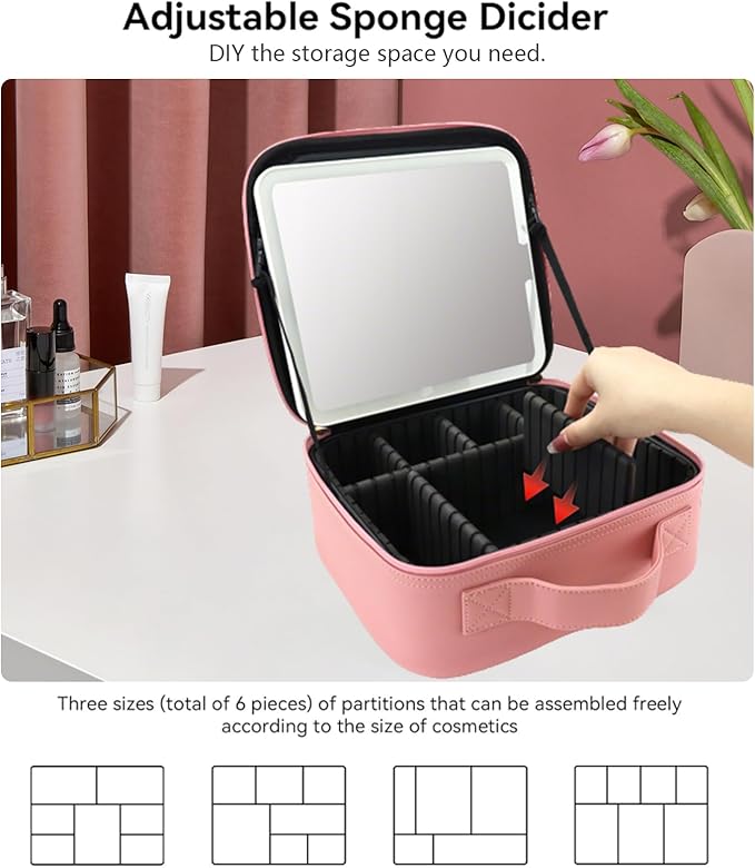 Travel Makeup Bag with LED Mirror with 3 Lighted Settings, Adjustable Dividers, Makeup Brush Storage Bag and Jewelry Case Pink