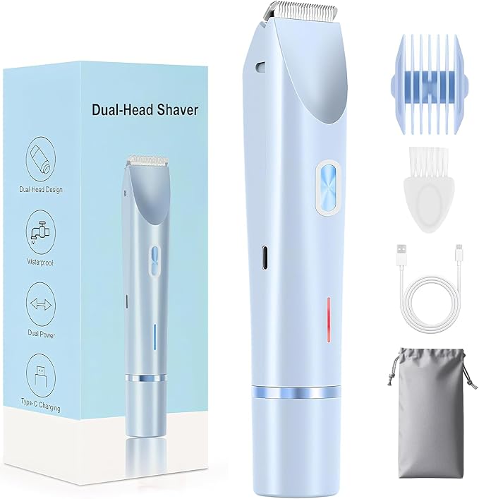 Dermave Bikini Shaver 2.0, 2025 New Glow Aura Bikini Trimmer for Women, 2 in 1 Dual Head Electric Razors for Women, IPX7 Waterproof Wet & Dry Electric Shaver, Rechargeable Portable Body Shaver (Blue)
