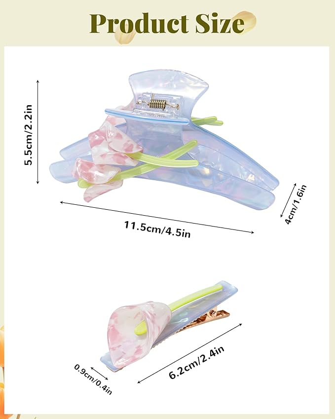 ACECHA Tulip Flower Acrylic Hair Clip Set, 6 Piece Large Claw Clips & No Crease Hair Clips for Thin and Thick，Non-Slip Hair Grip Hairclips for Makeup, Salon, Strong Hold Jaw Clamps (White & Blue)