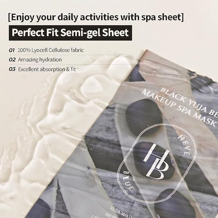 HEVEBLUE Black Yuja Bean Makeup Spa Mask Pack 10ea - 0.8 Fl. Oz of Ampoule Per Sheet, Nourishing, Sensitive Skin, Korean Skincare, Aesthetic, Moisturizing, Vegan, Hypoallergenic, K-Beauty