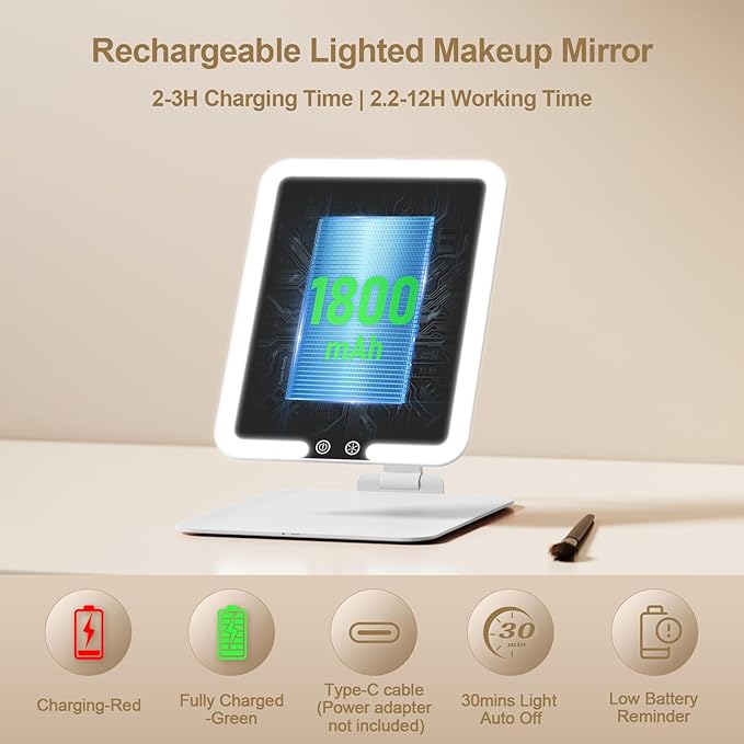 Benbilry Travel Makeup Mirror with Light, 15X Magnifying Mirror & 3 Color Modes, 1800mAh Rechargeable, Adjustable Height/Angle Stand, Foldable LED Vanity Mirror for Tabletop (White)