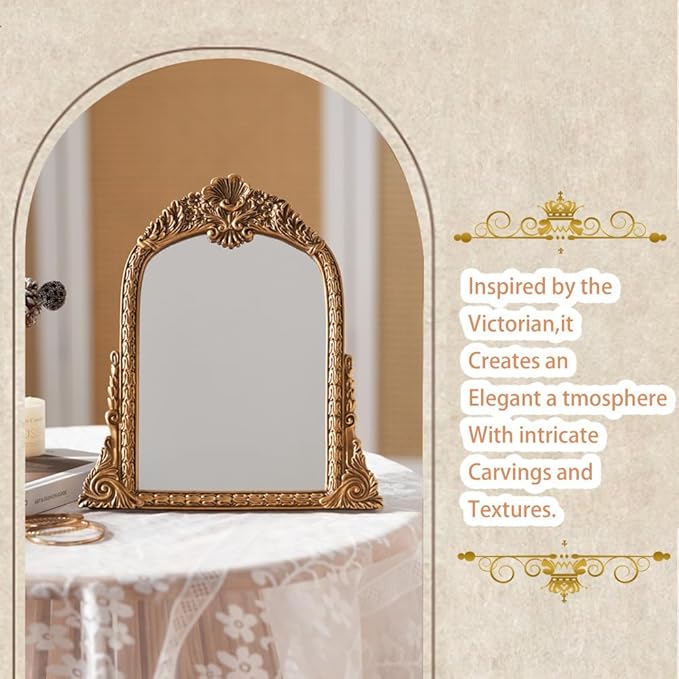 Small Gold Vintage Mirror, Antique Arched Tabletop Makeup Mirror, Hand-Carved Frame, 11" x 11.2" for Bedroom, Living Room, Vanity