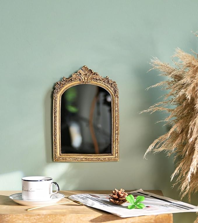 Small Gold Vintage Vanity Desk Makeup Mirror Antique Decorative Wall Mirror,Resin Carved Arch Table Mirror with Stand for Living Room,Bedroom Dresser,Desktop Decor 10.2" x 7" ﻿