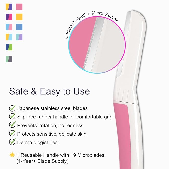 Dermaplane Razor - Facial Razor for Women - Dermaplaning Tool, with 19 Microblades for Face, Peach Fuzz Remover, Remove Facial Hair for Smoother Skin and Perfectly Shape Brows, Pearl Blush