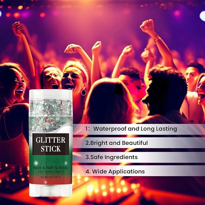Face and Body Glitter Stick, Singer Concert Music Rave Face Body Sequins Glitter Stick for Women Face/Body/Hair/Eyes/Lip Glitter Makeup. (Red &Green & White)