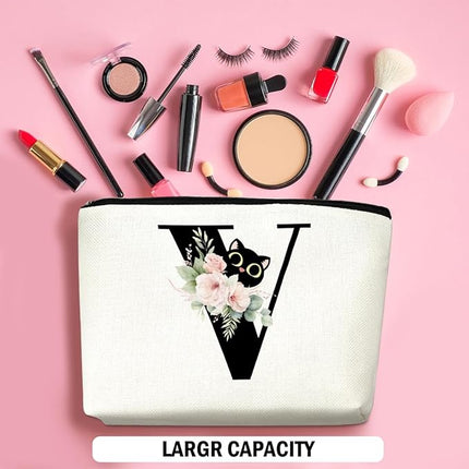 Floral Cat Initial Makeup Bag, Personalized Skin Care Bag, Travel Organizer Toiletry Bags for Women Mom Friends, Cosmetic Bags Makeup Pouch with Zipper, Letter V