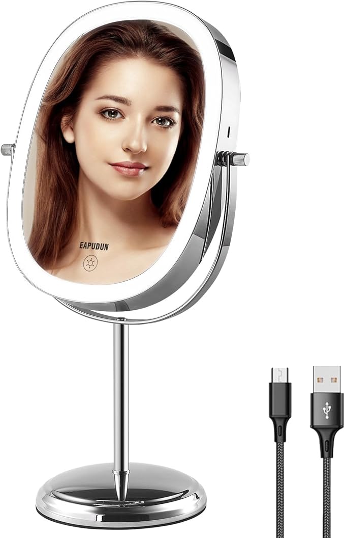 EAPUDUN Lighted Makeup Mirror 9" – 2-Sided Tabletop Vanity Mirror with 7X Magnification, 3 Color Lighting Modes, Rechargeable, 360° Rotation, 84 LED Lights