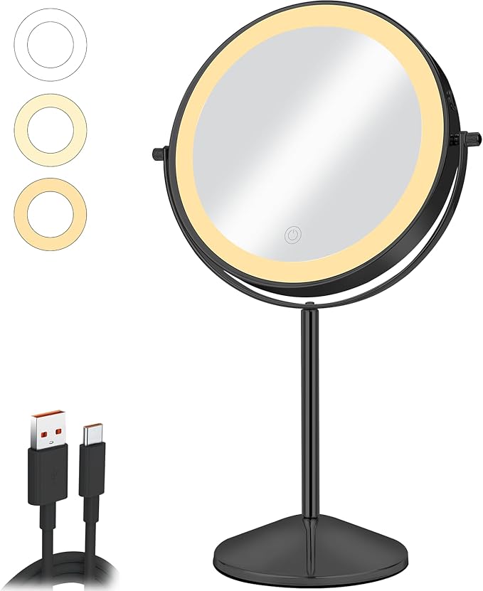 8" Vanity Mirror with Lights Rechargeable, 1X/10X Magnifying Makeup Mirror with Touch Screen, 54 LED Adjustable Brightness, 3 Color Modes, 360° Rotation for Tabletop & Bedroom