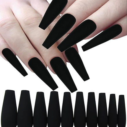 LoveOurHome 100pc Matte Coffin Press on Nails Long Fake Nails Black False Nails Medium Ballerina Acrylic Nails Press ons Nail Coffin Artificial Nails Women Girls Black Fake Fingernails 10 Sizes