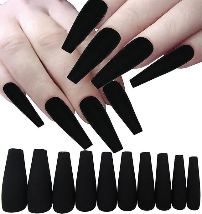 LoveOurHome 100pc Matte Coffin Press on Nails Long Fake Nails Black False Nails Medium Ballerina Acrylic Nails Press ons Nail Coffin Artificial Nails Women Girls Black Fake Fingernails 10 Sizes