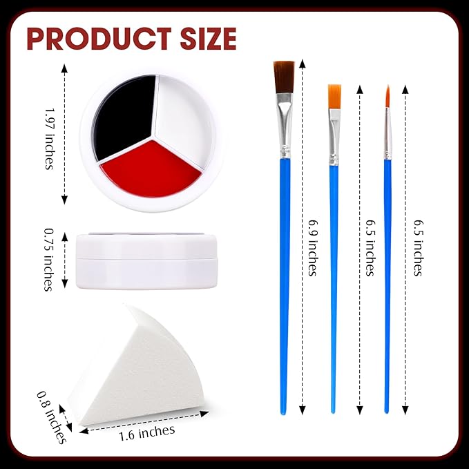 3 Colors Face & Body Paint [Black, White, Red] + 3pc Sponge & Brush, Baseball Eye Black for Sports Face-Painting, Halloween Makeup Kit for Zombie, Clown, Vampire, Skeleton, Joker Costume Makeup