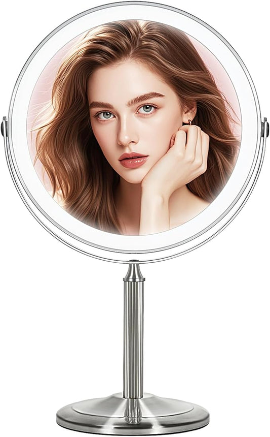 VESAUR 15X Magnifying Mirror with Light, 9.5 Large 5000mAh Rechargeable Double Sided HD Lighted Makeup Mirror with 3 Touch Dimmable Light, 360° Swivel Detachable for Travel Vanity Mirror Nickel, Gifts