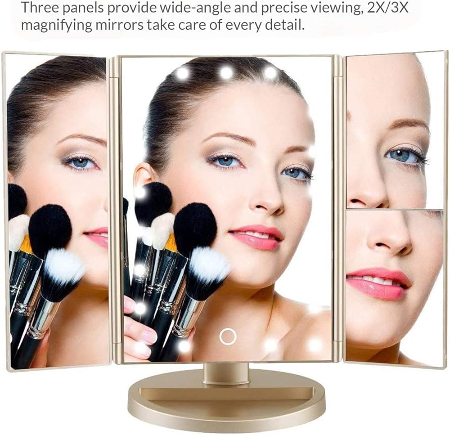 Trifold Makeup Mirror Vanity Mirror with Lights,1X 2X 3X Magnification,Touch Screen,180 Adjustable Rotation,Portable Travel Bathroom Cosmetic Mirror