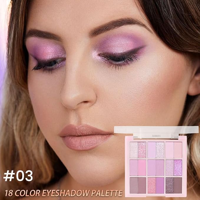 18Colors Purple Pink Nude Shimmery Eyeshadow Palette Makeup,Light Purple Mauve Glitter Sparkly Eye Shadow Long Lasting Waterproof Naturing-Looking Blendable for Beginners