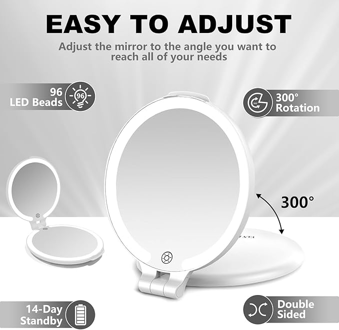 96 LEDs' Folding Rechargeable and 10x Magnification Makeup Mirror with Lights,6.3 Inch Double Sided Portable Travel Mirror with Case for Myopia and Makeup Fanatics Travel Essentials