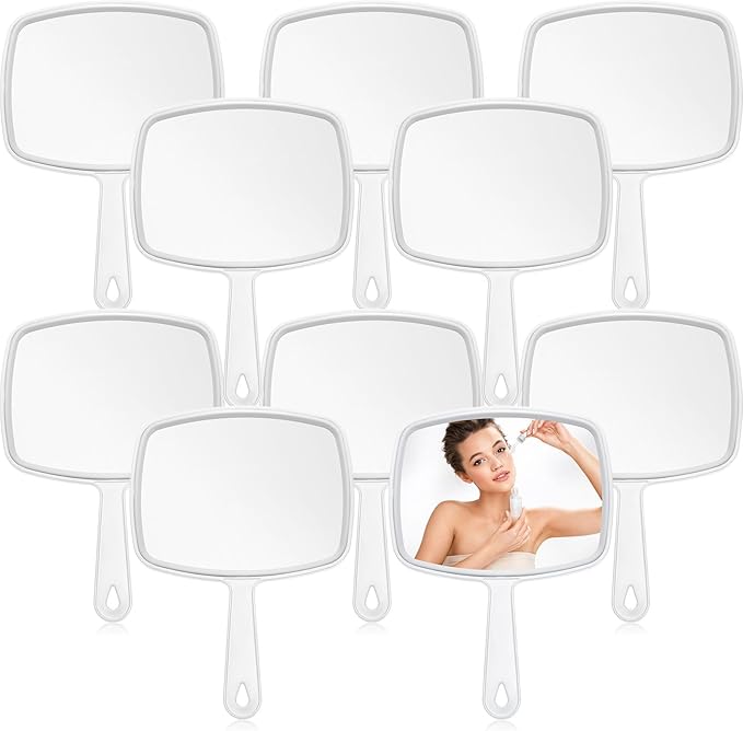Qunclay 10 Pcs Large Hand Mirror Handheld Mirror with Handle Wall Mount for Barber Bathroom Portable Beauty School Gift for Vanity Makeup Home Salon Travel Use(7.3'' W x 10.3'' L,White)
