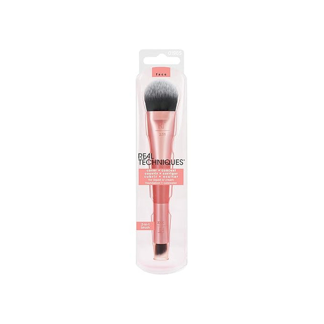 Real Techniques Cover & Conceal Dual Ended 2-in-1 Makeup Brush, For Flawless Foundation Coverage, Smooths and Conceals, Covers Blemishes and Imperfections, Flawless Results, Orange, 1 Count