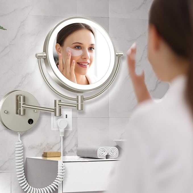 FASCINATE Upgraded Wall Mounted Makeup Mirror with Lights, Super Large Double Sided 1X/10X Magnifying Mirror for Bathroom, 360° Swivel Extendable Plug Touch Sensor Vanity Mirror