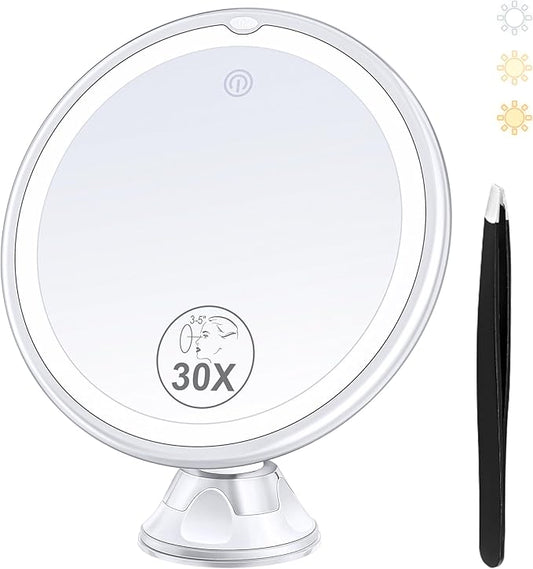 Magnifying Mirror with Light 30X, Lighted Makeup Mirror 30X for Precision Makeup, 3 Color Modes and Adjustable Brightness, 360° Swivel Magnifying Mirrors Suction Cup for Bathroom 8 Inches