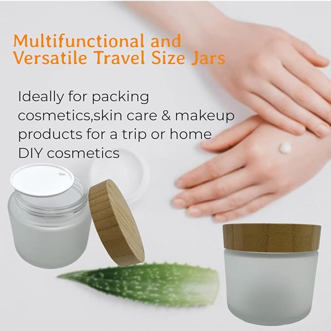 Empty Refillable Frosted Glass Cosmetic Cream Jar 4 Pack 6.7 OZ/200g with Bamboo Lids,Skin Care Travel Containers Pot for Clay Masks,Butter,Body Scrub,Lip Balm, Ointments, Lotion Frost
