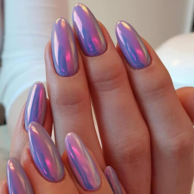 Almond Press on Nails Medium Fake Nails with Chrome Aurora Designs Glossy Purple Nails Press ons Full Cover Acrylic Nail Cute Stick on Nail for Women 24 Pcs