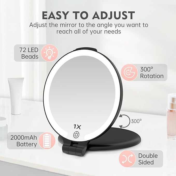 FUNTOUCH Travel Mirror with Light, 1X/10X Rechargeable Makeup Mirror with Magnifying, 7'' Double Sided 3 Color Lighting Modes for Travel Essential, Portable Vanity Mirror, Black